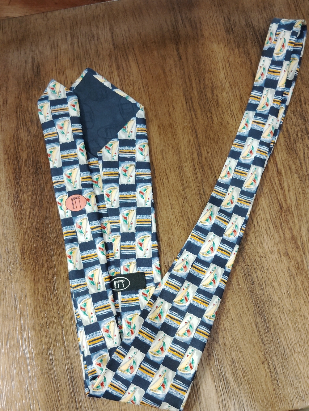 Dunhill Navy Silk Tie with Cream and Multicolor Sailboat Motif